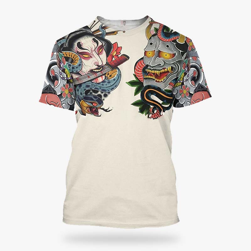 Camiseta Irezumi de algodón con símbolos de Yurei y máscara Oni Hannya, inspirada en el tatuaje Yakuza