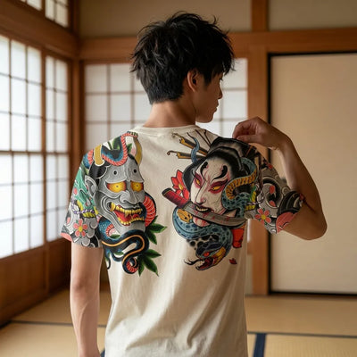 Camiseta Irezumi vista trasera con motivos japoneses