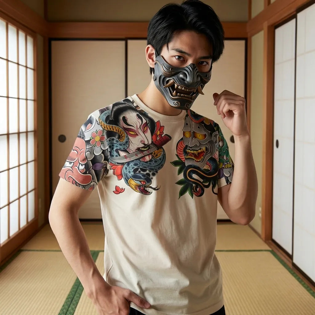 Camiseta Irezumi vista frontal con estampado de Oni y Yurei