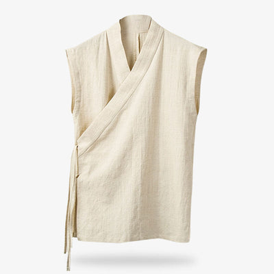 Camiseta japonesa blanca de lino sin mangas con cuello en V kimono