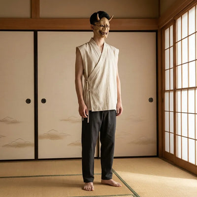 Camiseta japonesa sin mangas con cuello en V de frente