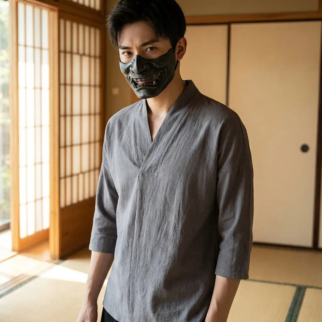 Camiseta japonesa gris de lino con cuello de pico vista de frente