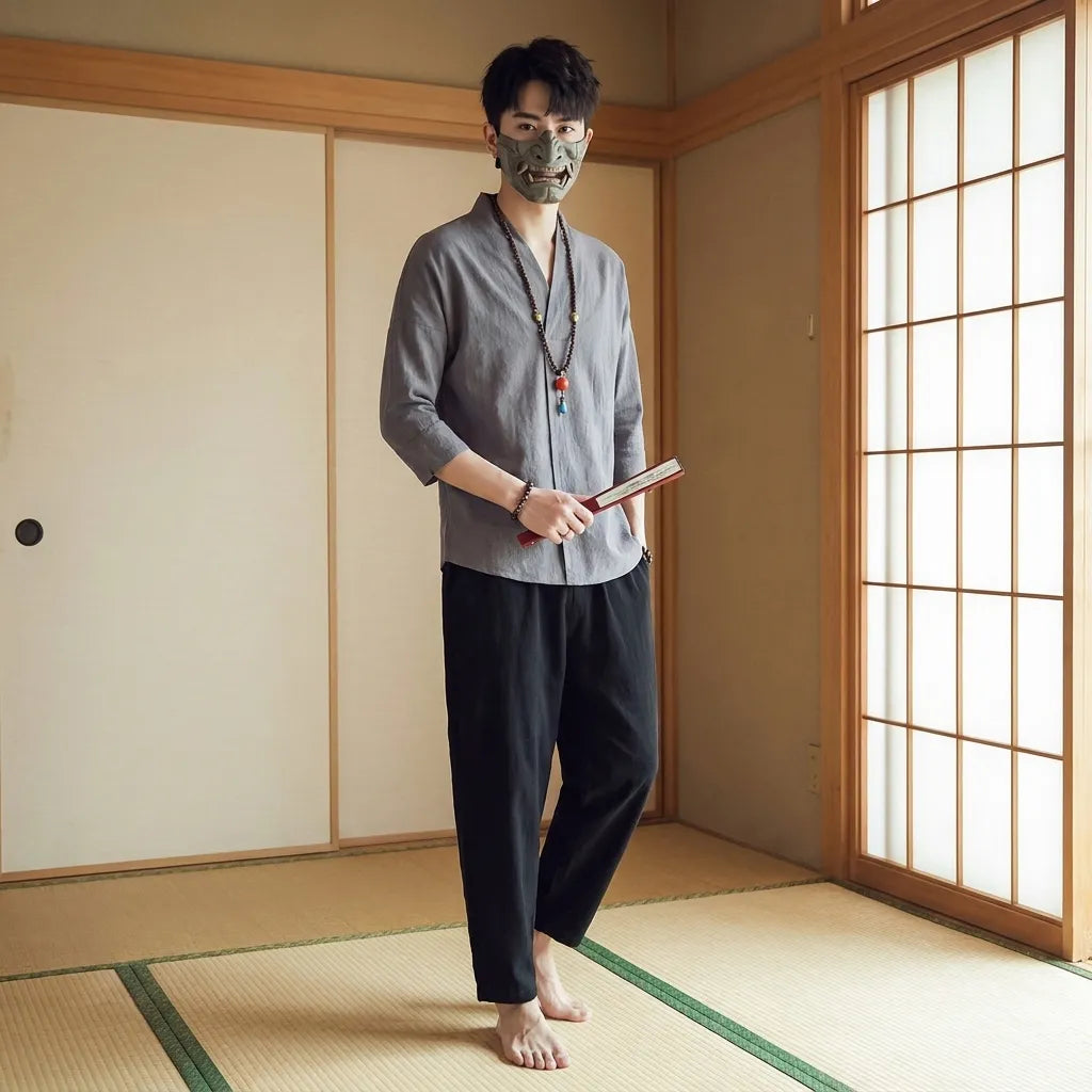 Hombre con camiseta japonesa gris de manga tres cuartos de frente