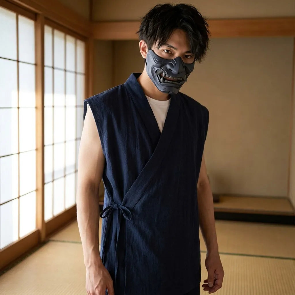 Detalle del cuello en V de la camiseta japonesa de lino