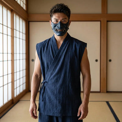 Vista frontal de la camiseta japonesa sin mangas para hombre en azul marino