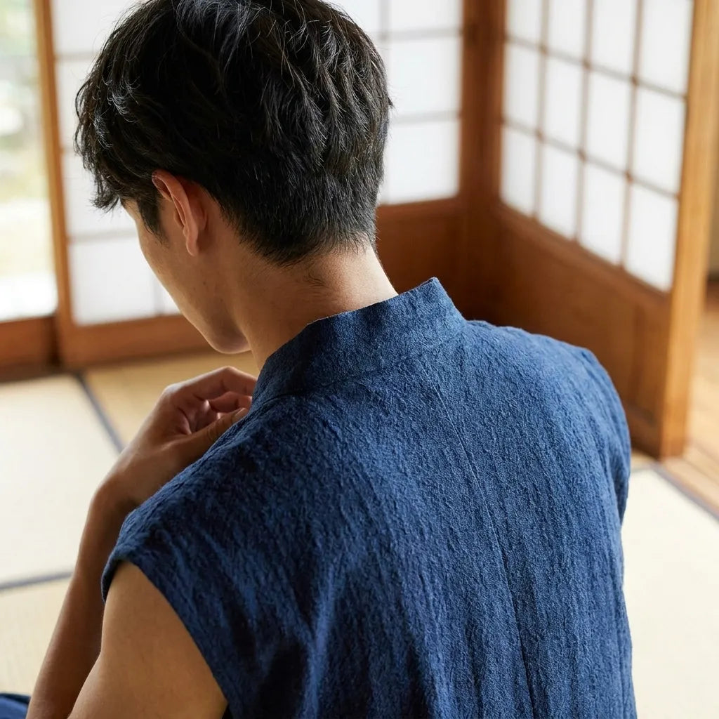 Vista trasera de la camiseta japonesa sin mangas para hombre