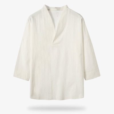 Camiseta japonesa blanca de lino para un conjunto casual de inspiración nipona
