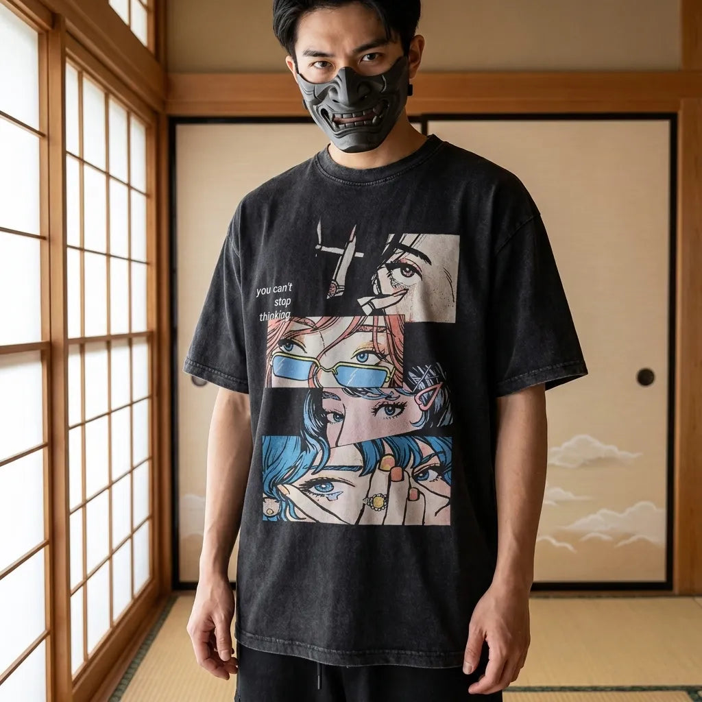 Camiseta japonesa vintage vista frontal en la calle