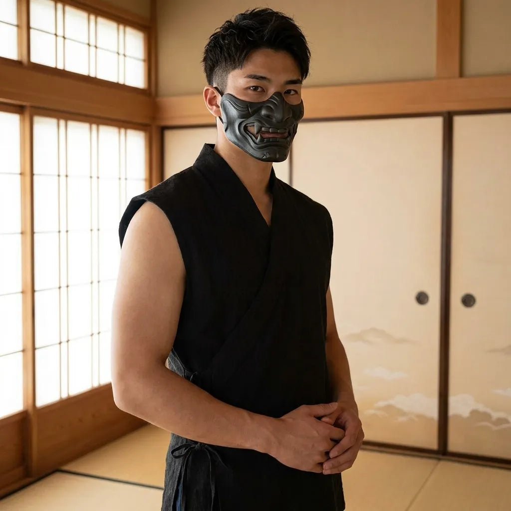 Camiseta negra sin mangas de estilo japonés
