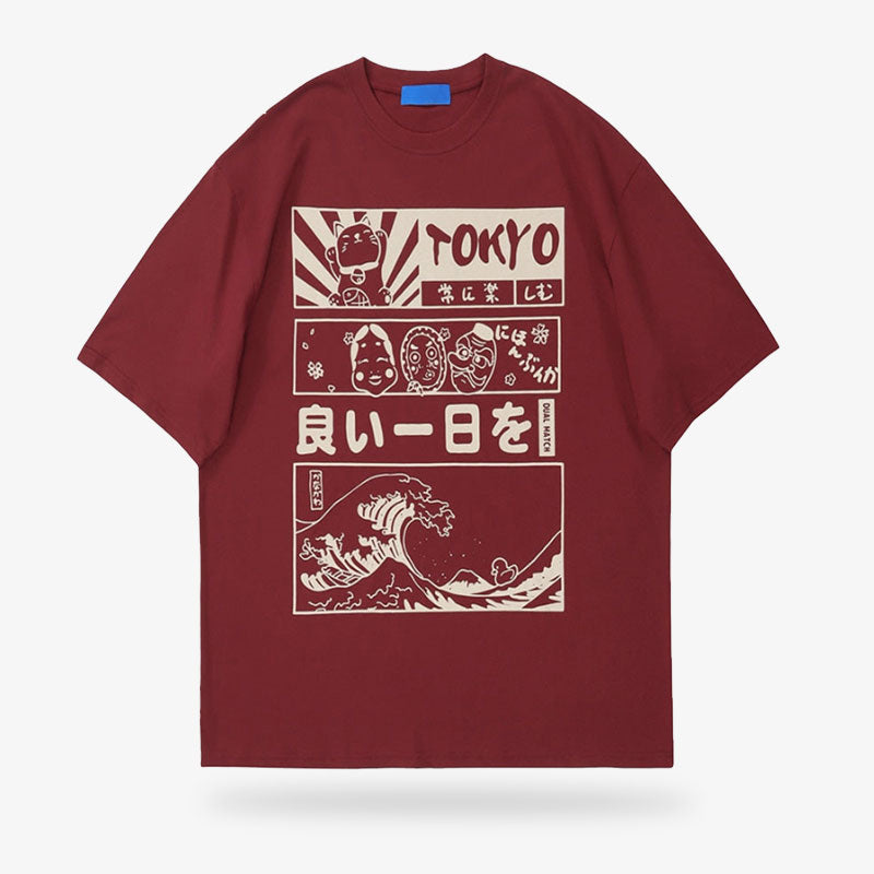 Camiseta neo Tokyo con estampado de kanji japonés, la gran ola de Kanagawa, máscaras japonesas y el gato de la suerte maneki neko