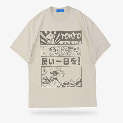 Camiseta de algodón beige con estampado de la gran ola de Kanagawa, el gato maneki neko, kanji y máscaras de teatro No