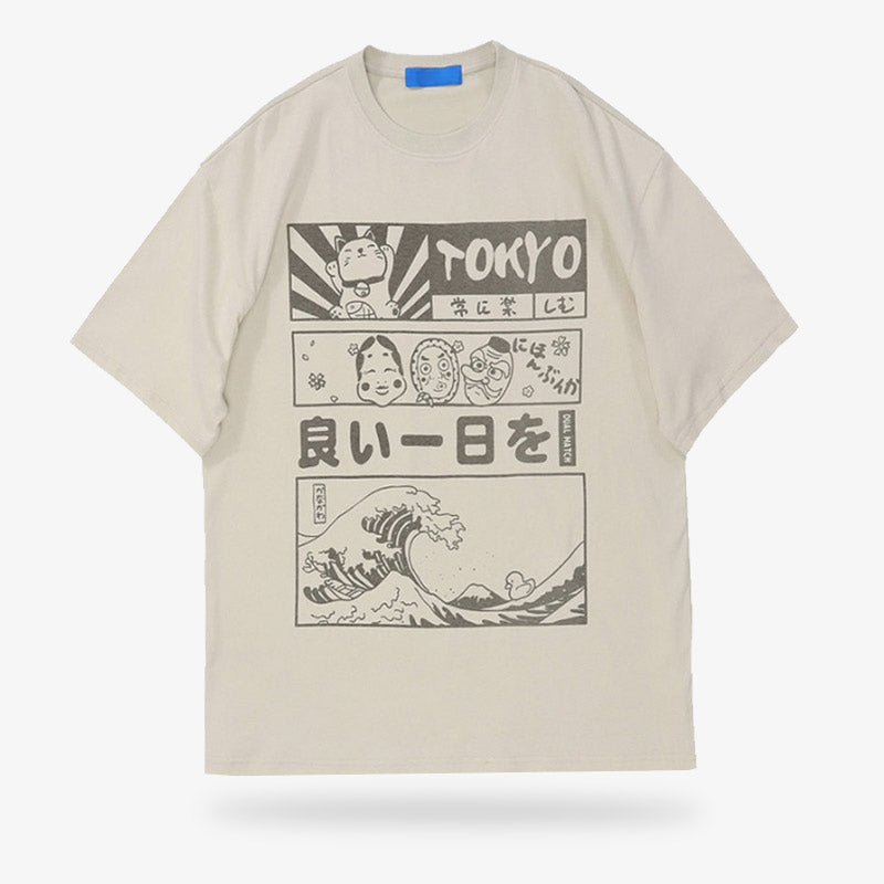 Camiseta de algodón beige con estampado de la gran ola de Kanagawa, el gato maneki neko, kanji y máscaras de teatro No