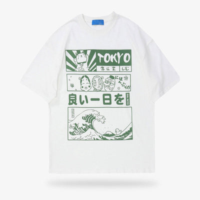 Camiseta Tokyo blanca de estilo casual con motivos de kanji japonés y la gran ola de Kanagawa, 100% algodón