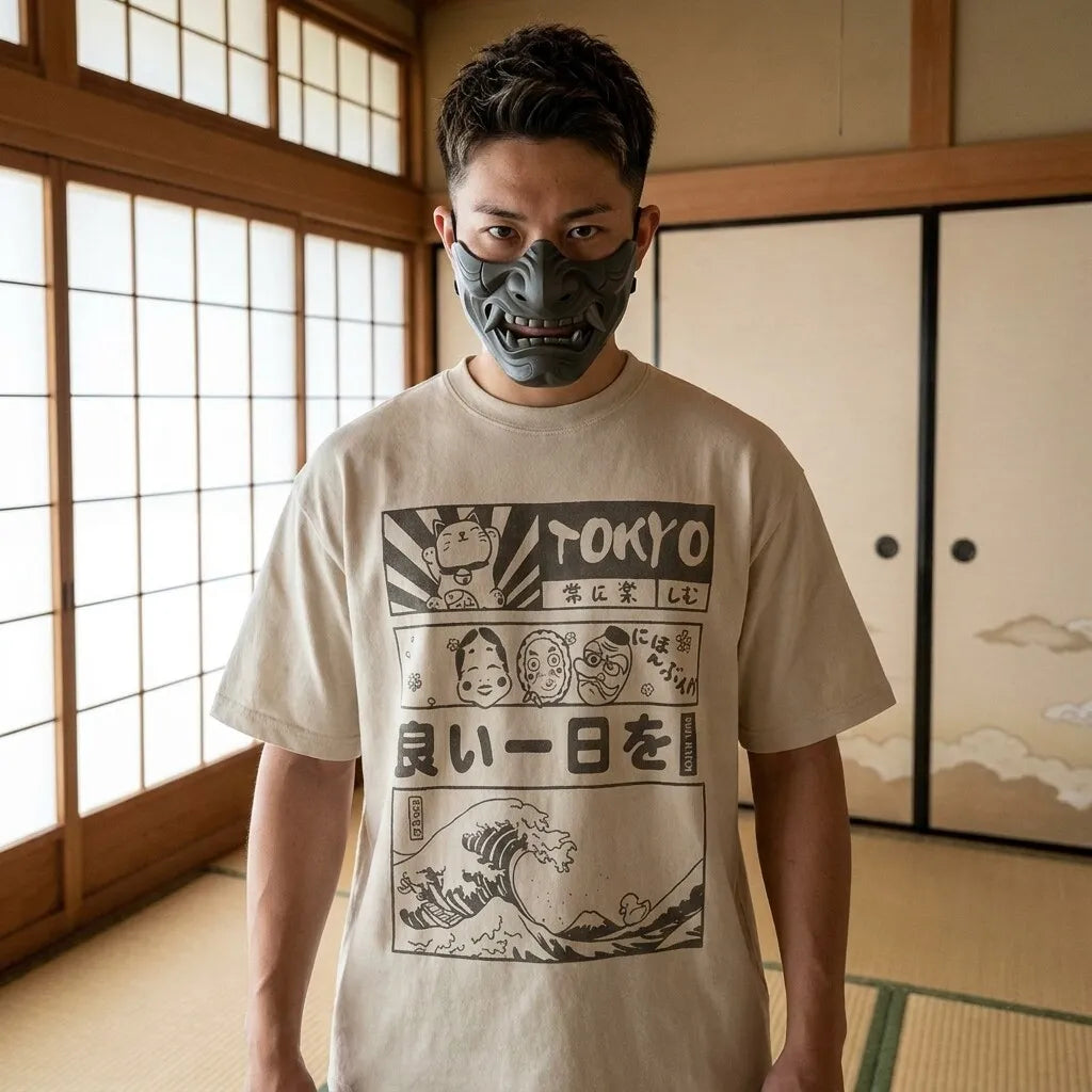 Camiseta Tokyo color crema vista frontal en escenario urbano
