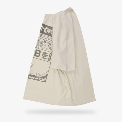 Camiseta Tokyo con estampado de símbolos kanji japoneses, la gran ola y máscaras tradicionales