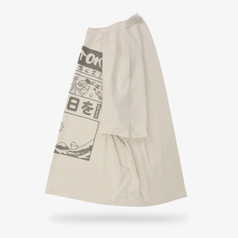 Camiseta Tokyo con estampado de símbolos kanji japoneses, la gran ola y máscaras tradicionales
