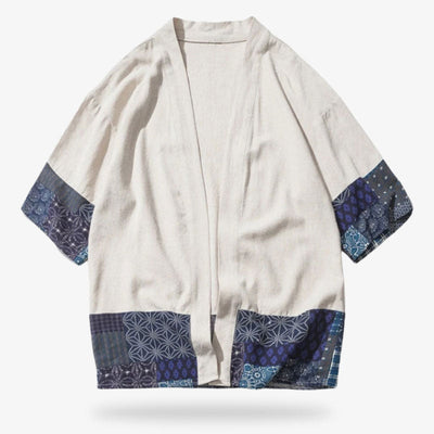 Chaqueta corta cardigan estilo kimono hombre con mangas estampadas con motivos geométricos japoneses.