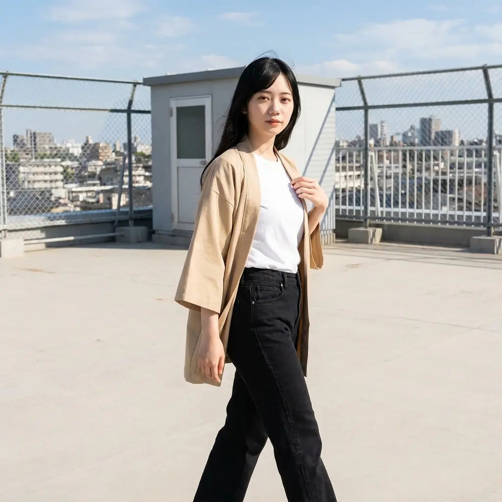 Cárdigan japonés para mujer en tejido beige sobre azotea