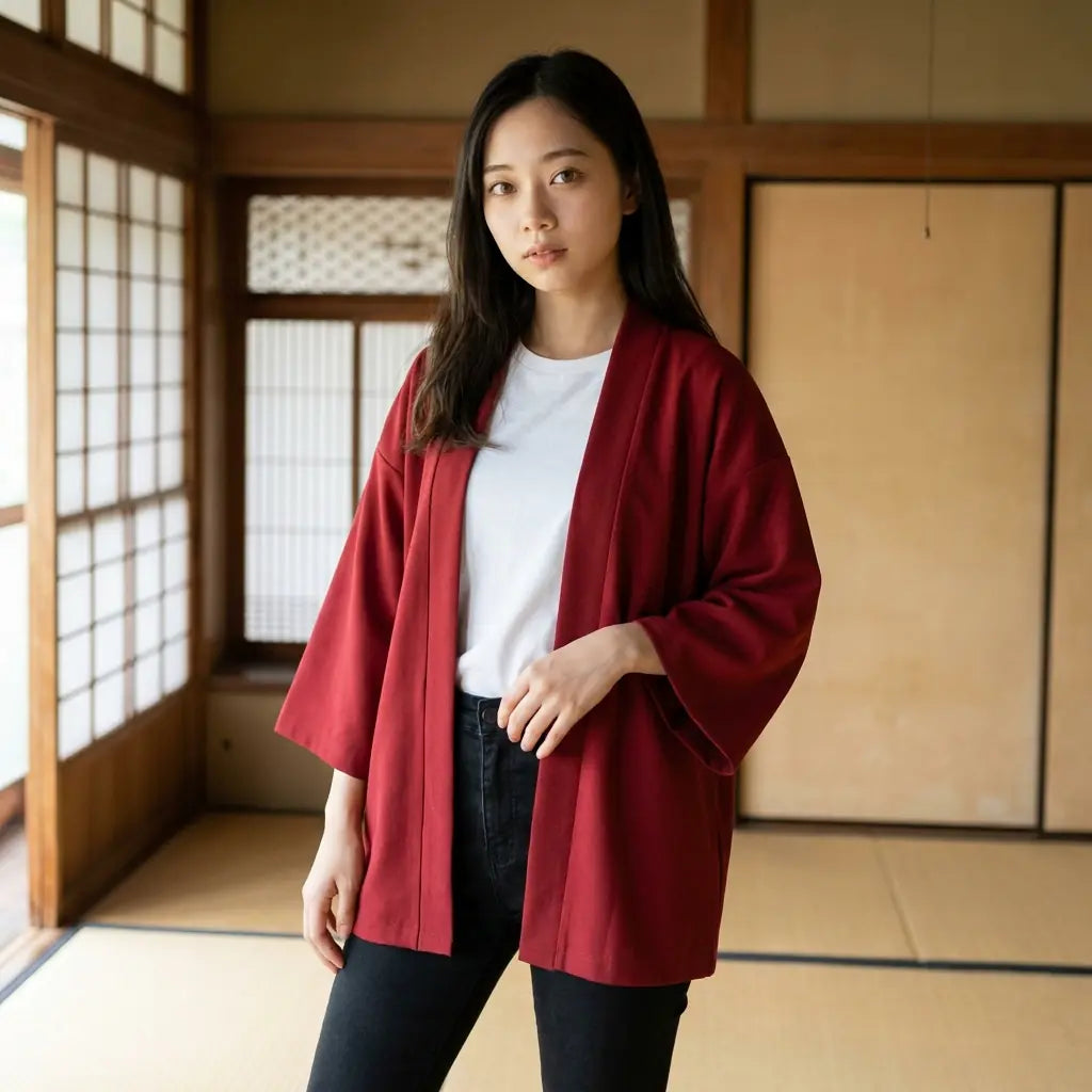 Cárdigan japonés liso rojo visto de frente en una habitación de tatami