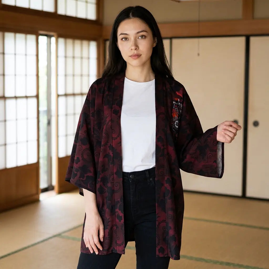 Cárdigan japonés rojo oscuro visto de frente ante paneles shoji