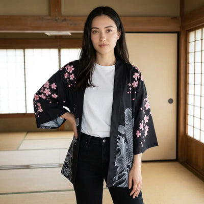 Cárdigan koi negro estilo japonés