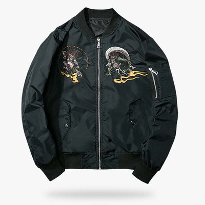 Chaqueta bomber sukajan negra con Fujin y Raijin bordados