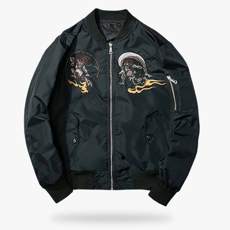 Chaqueta bomber sukajan negra con Fujin y Raijin bordados