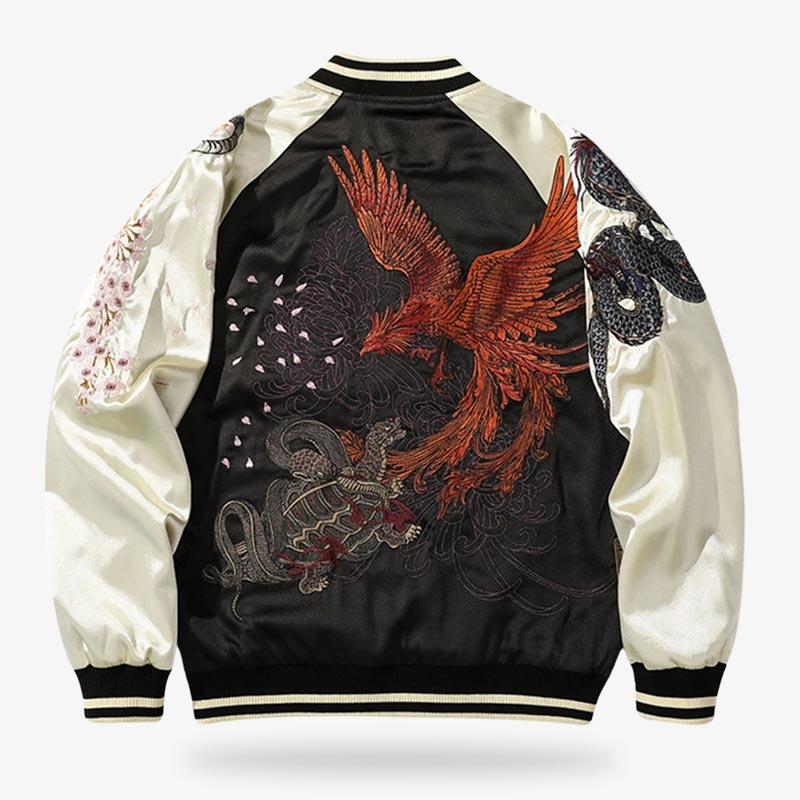La chaqueta sukajan vintage evoca el estilo clásico japonés, con diseños bordados de gran significado cultural