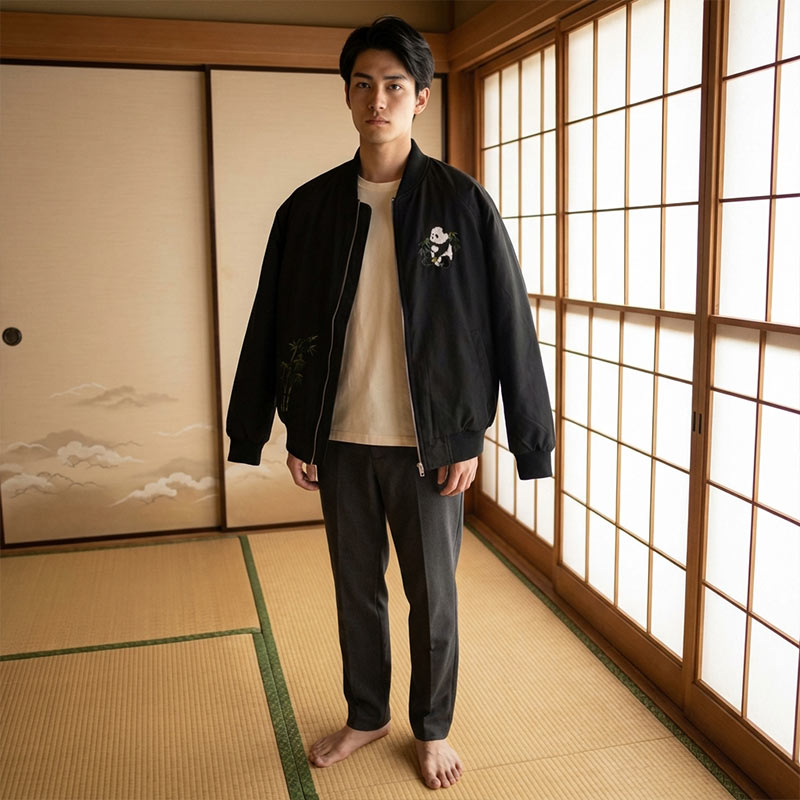 Hombre con chaqueta bomber japonesa panda en una habitación tradicional con tatami