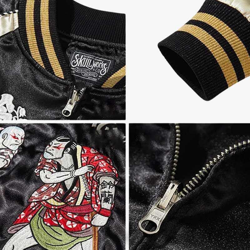 Chaqueta bomber japonesa con bordado de sumo en estilo ukiyo-e y tejido satinado