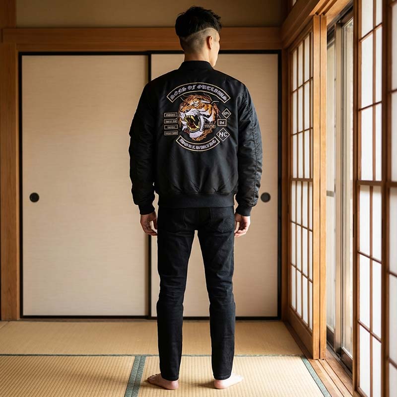 Chaqueta bomber japonesa con emblema de tigre en una habitación tradicional