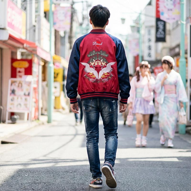 Hombre con una chaqueta bomber reversible roja y azul de diseño único, caminando por una calle con gente al fondo
