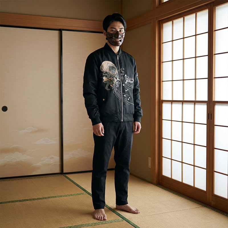 Chaqueta bomber sukajan Fujin bordada con el motivo del dios japonés del rayo