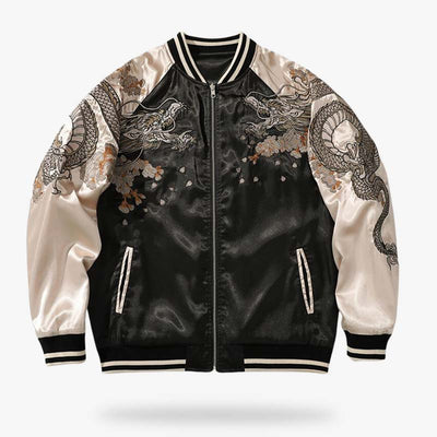 Esta chaqueta dragon japones con bordados es una sukajan jacket con dos dragones bordados en los hombros.