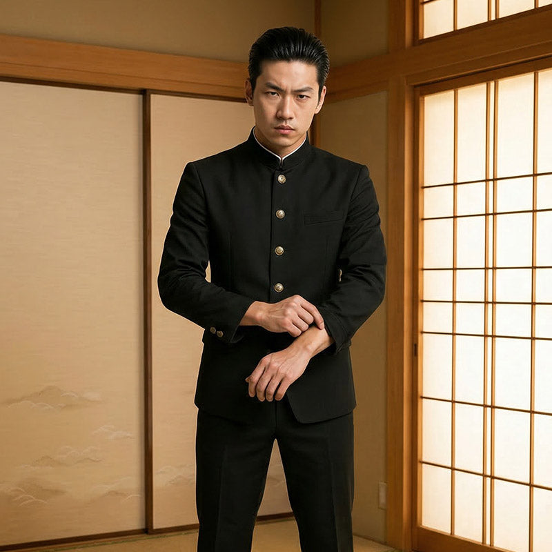 Hombre con chaqueta gakuran negra en una sala washitsu con puertas correderas de madera y biombo shoji