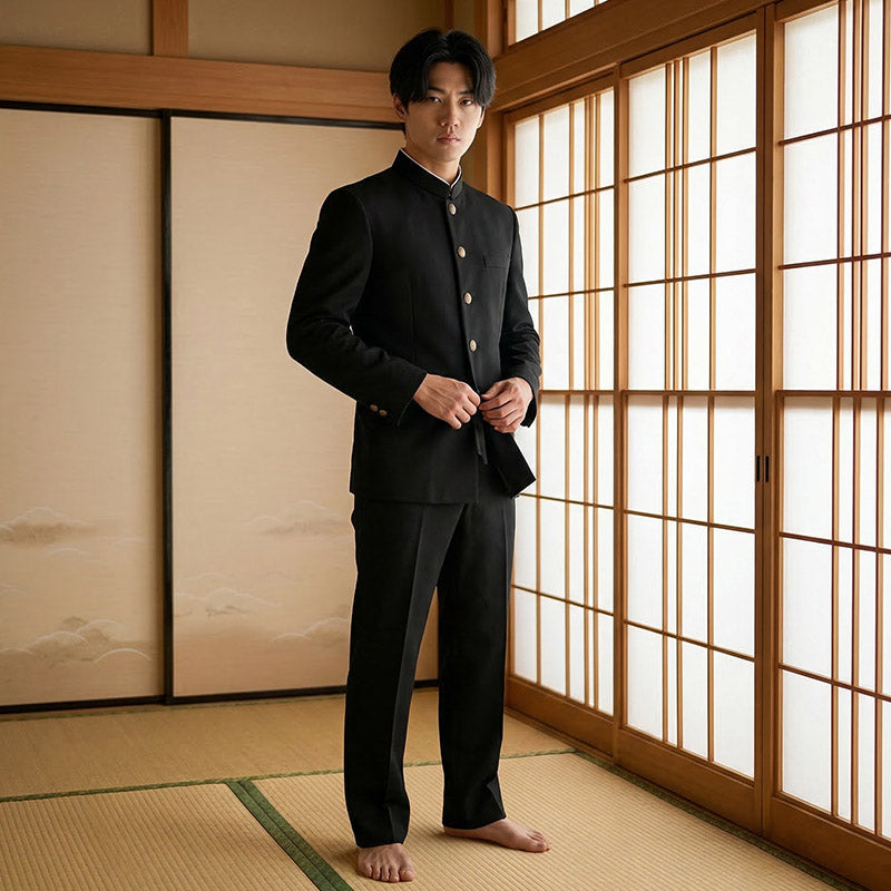 Hombre con chaqueta gakuran negra en una sala japonesa tradicional con puertas correderas
