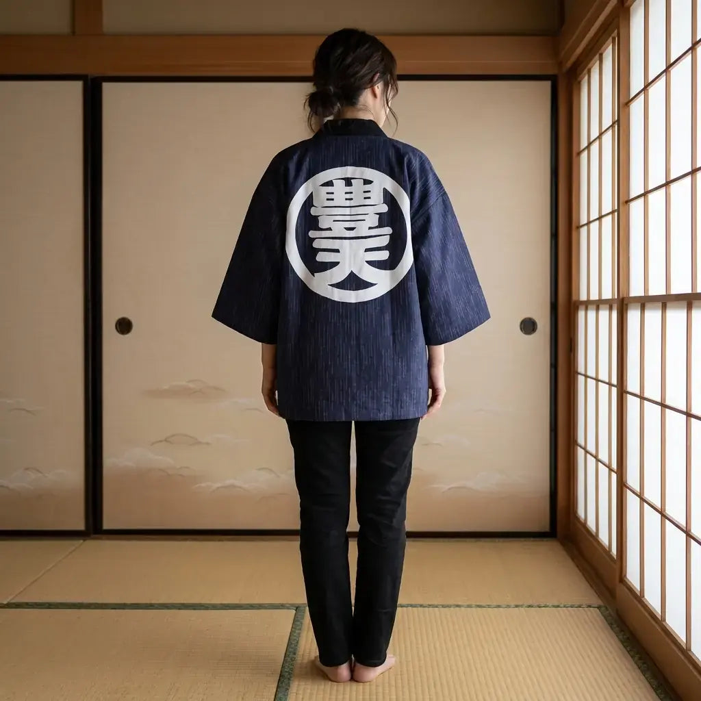 Chaqueta Hanten Hombre llevado por un hombre en una habitación japonesa tradicional, vista frontal