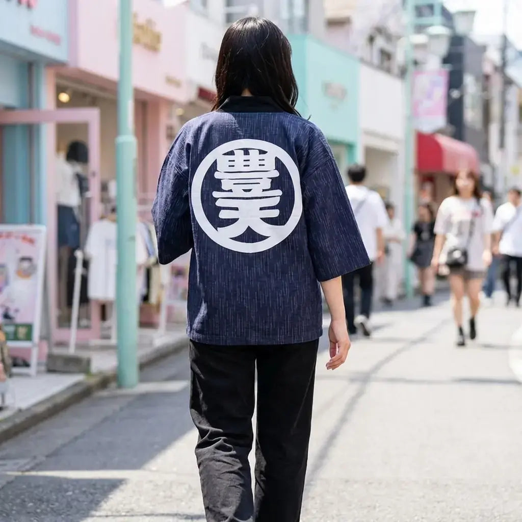 Chaqueta Hanten Hombre llevado por un hombre en una habitación japonesa tradicional, vista frontal