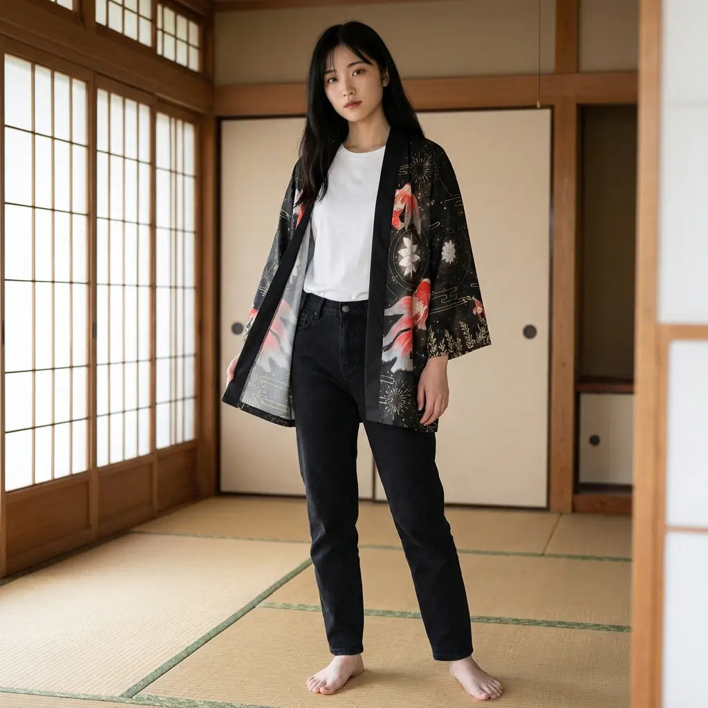 Mujer con haori koi en una sala washitsu con tatami y shoji