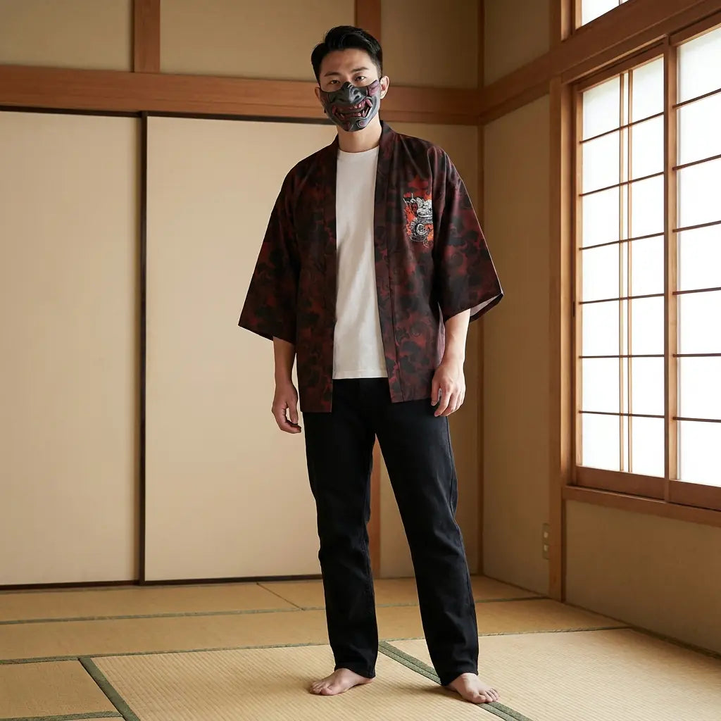 Hombre con una chaqueta haori en una sala washitsu tradicional japonesa, vista frontal