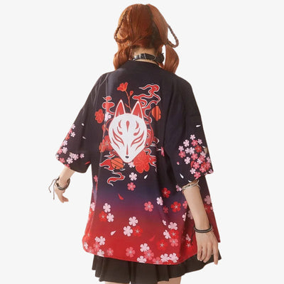 Chaquetas haori de mujer con estampado de máscara kitsune y flores de sakura sobre algodón negro y rojo, una prenda exterior versátil