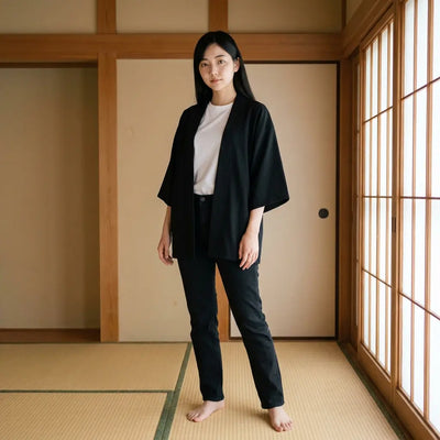 Chaqueta haori mujer negra abierta sobre una camiseta blanca en una sala de tatami