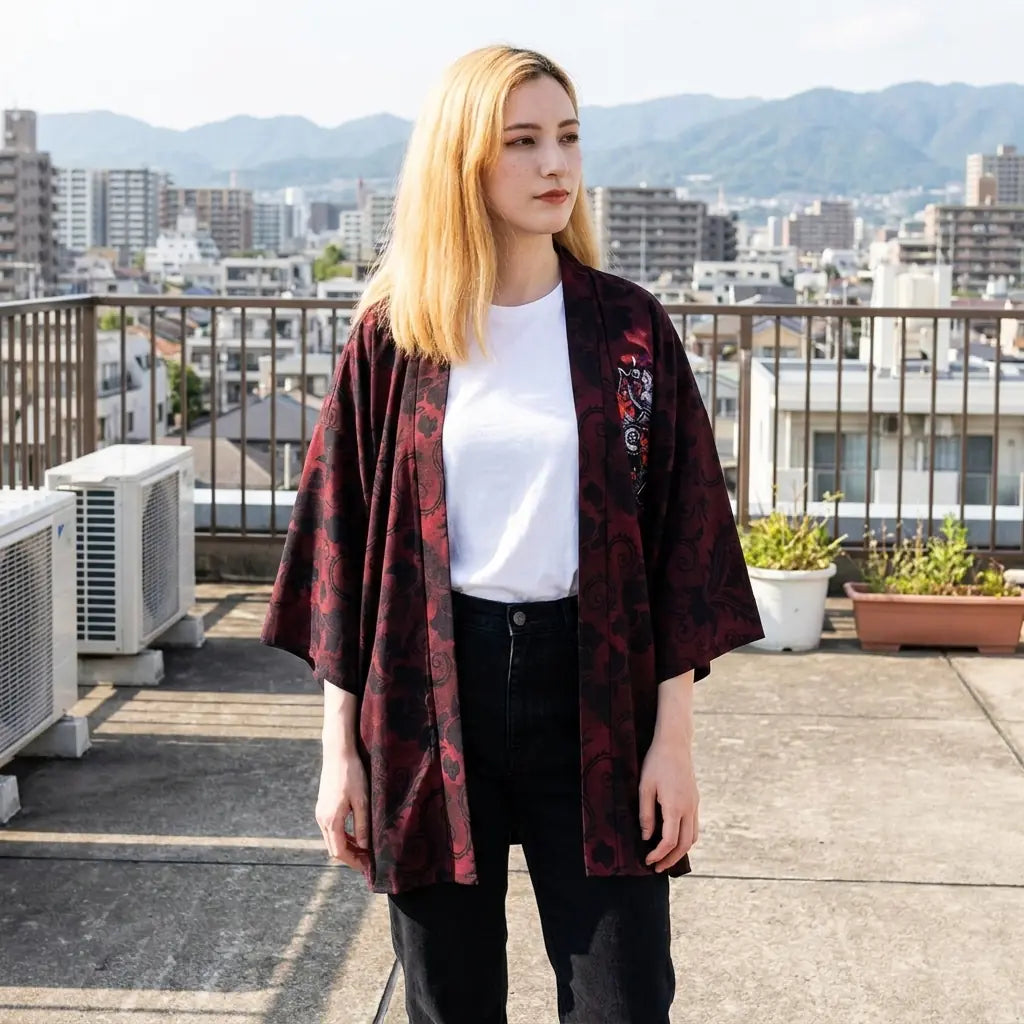 Chaqueta kimono armadura de lobo para mujer llevada abierta en una terraza