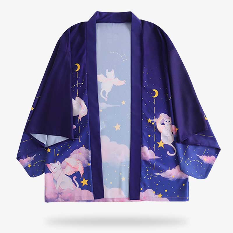 Chaqueta kimono azul decorada con diseño kawaii japonés del gato Maneki Neko y la luna