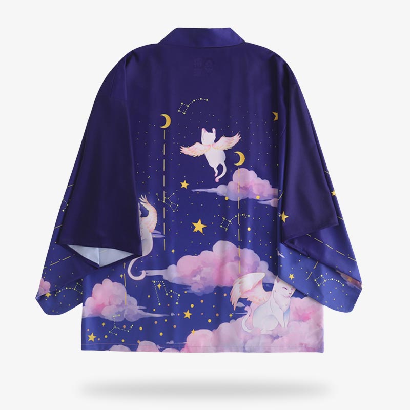 Chaqueta kimono azul con diseño kawaii japonés del gato Maneki Neko y la luna