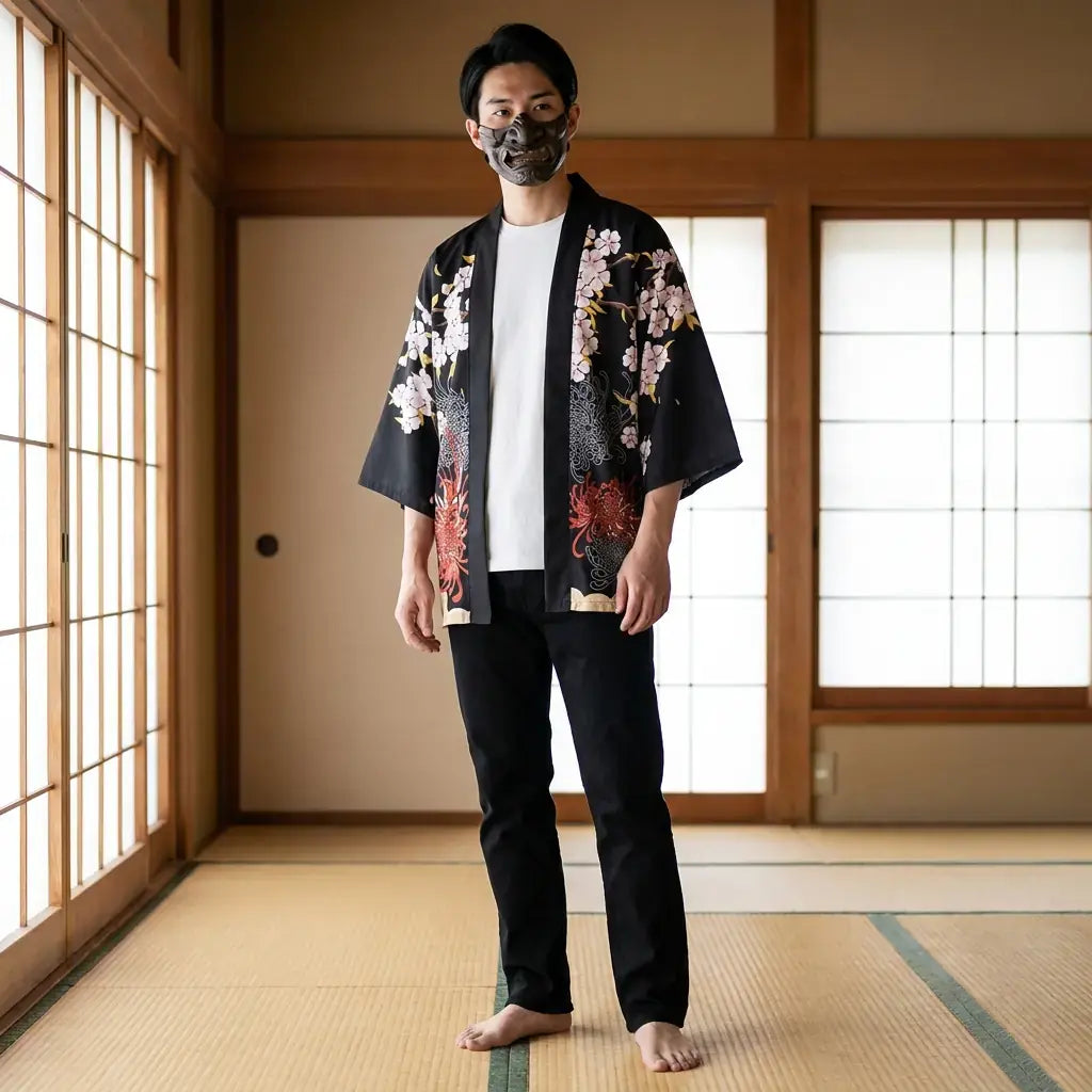 Harajuku Kimono llevado por un hombre en una habitación japonesa tradicional, vista frontal
