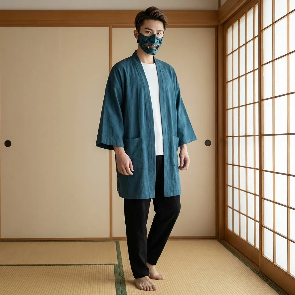 Detalle frontal de la chaqueta haori japonesa