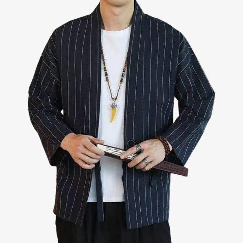 Chaqueta kimono haori azul marino para hombre con rayas verticales