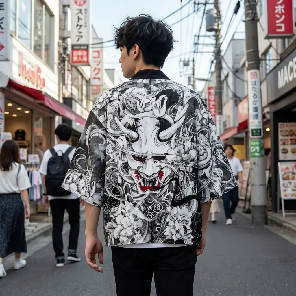 Chaqueta Kimono Haori llevado por un hombre en una habitación japonesa tradicional, vista frontal