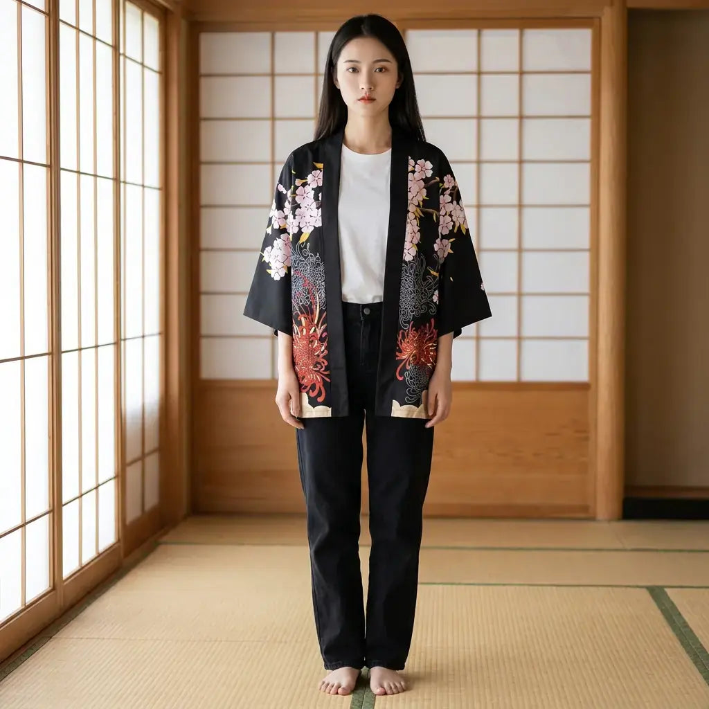 Harajuku Kimono llevado por una mujer en una habitación japonesa tradicional